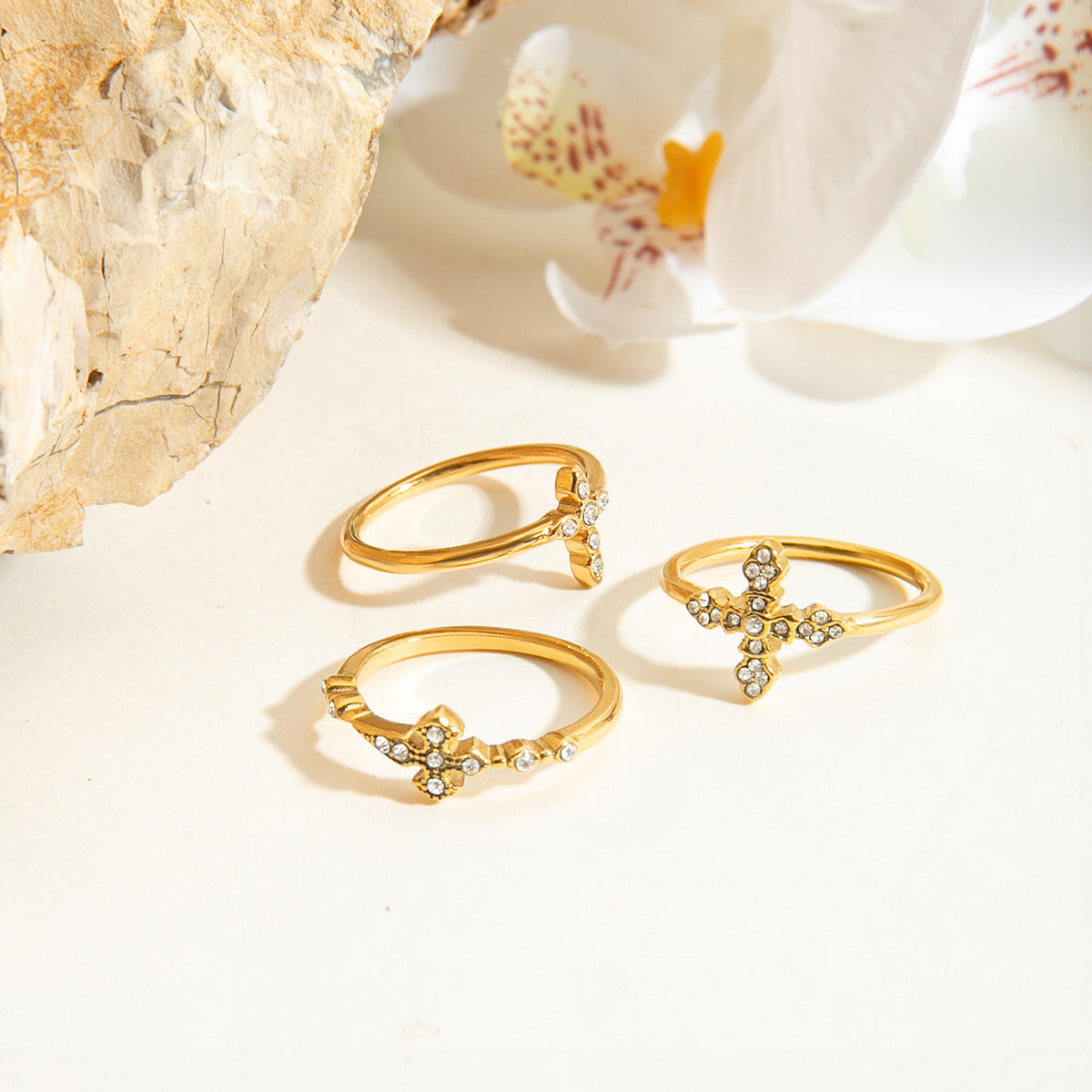 Stainless Steel 18K Gold PVD Cross Cubic Zirconia Ring