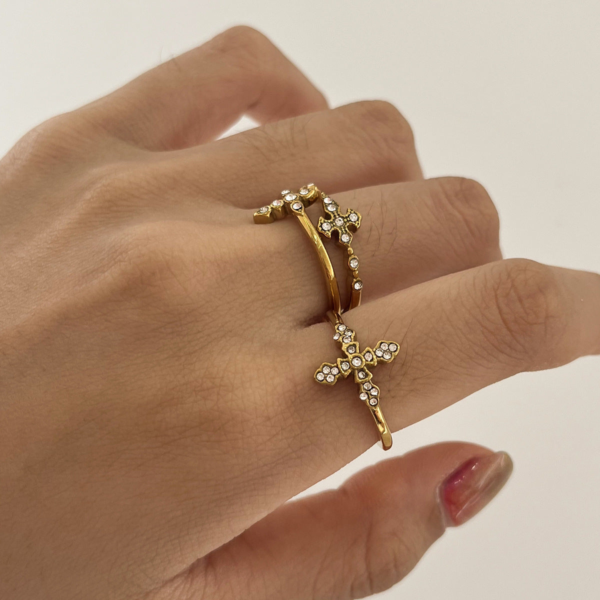 Stainless Steel 18K Gold PVD Cross Cubic Zirconia Ring