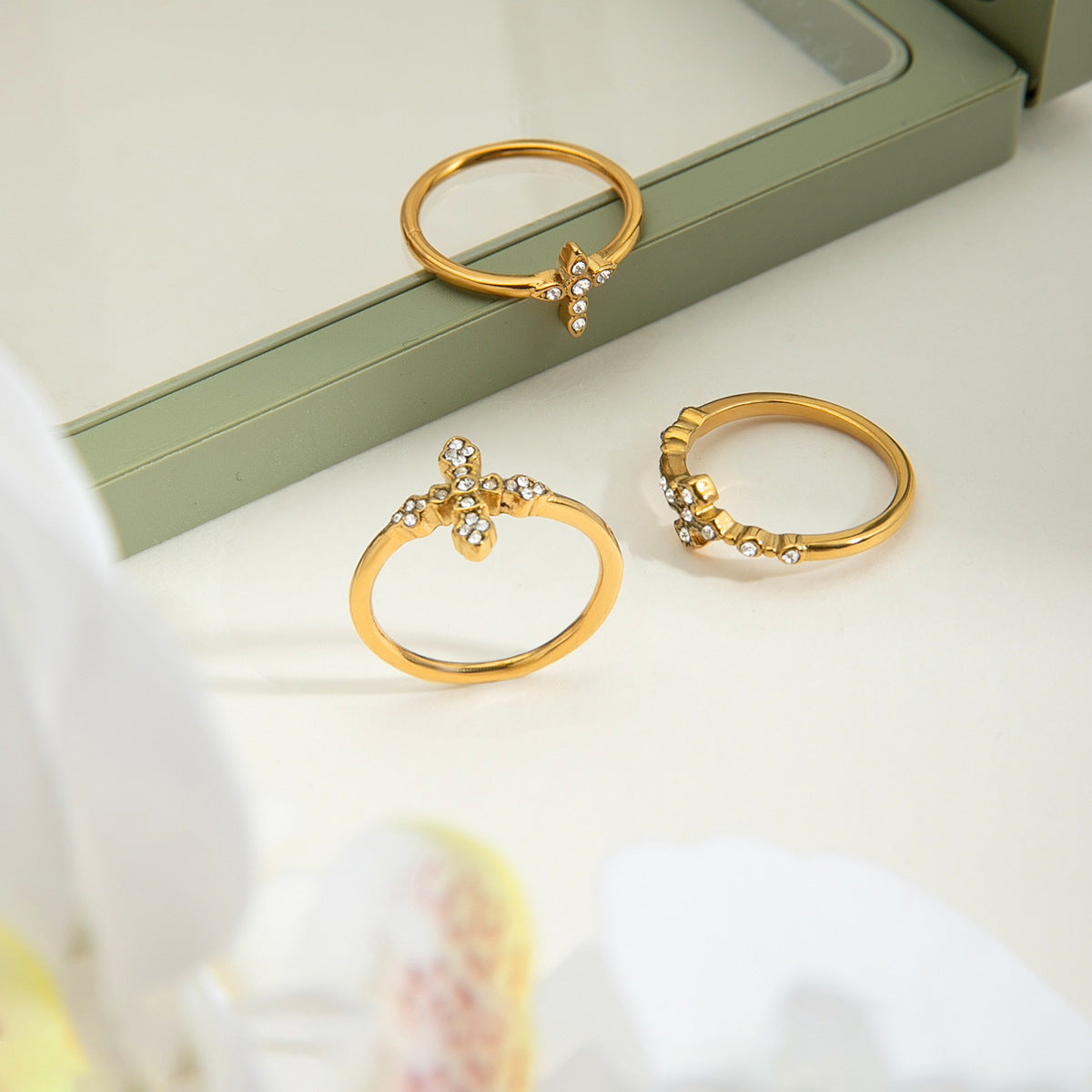 Stainless Steel 18K Gold PVD Cross Cubic Zirconia Ring
