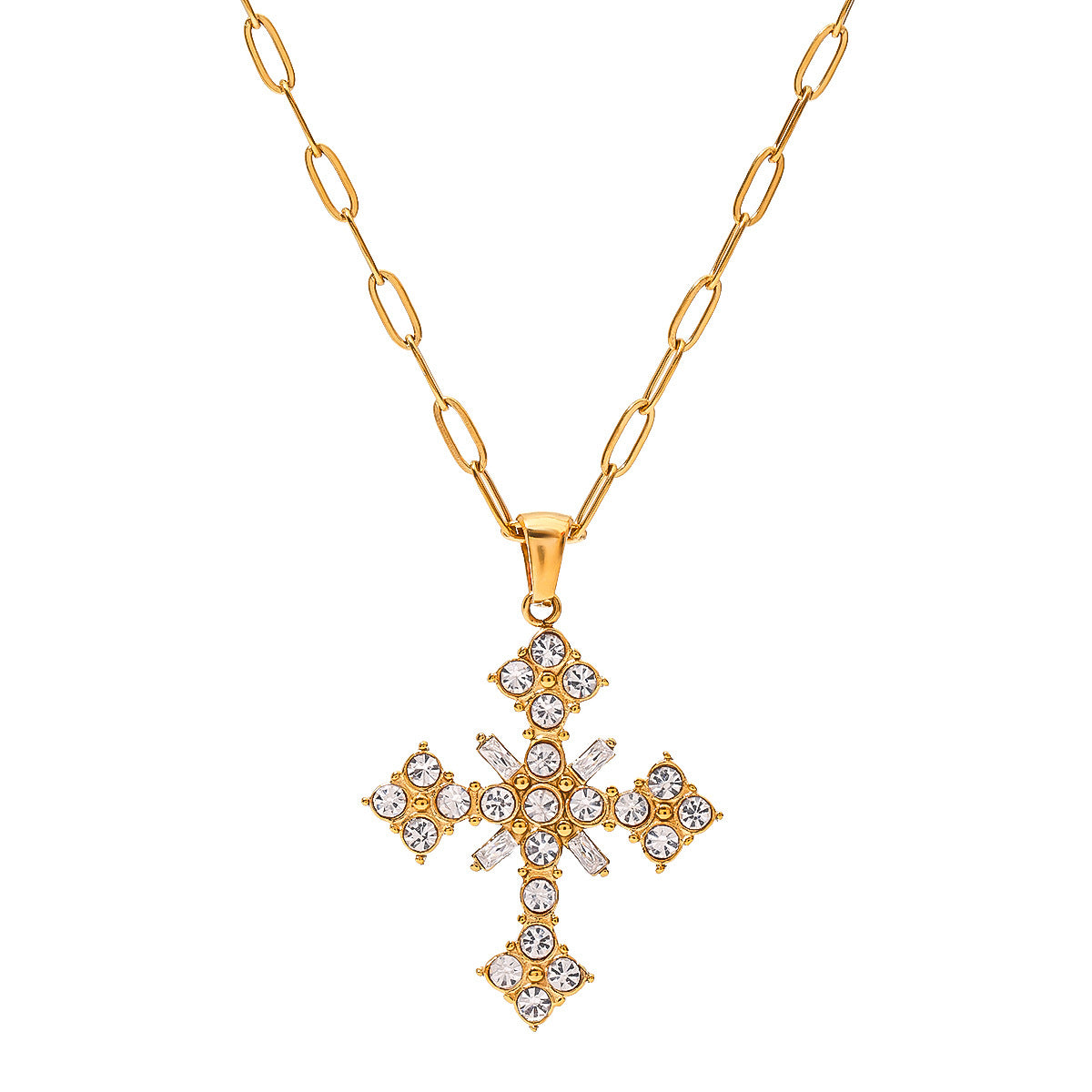 Stainless Steel White CZ Cross Pendant Necklace
