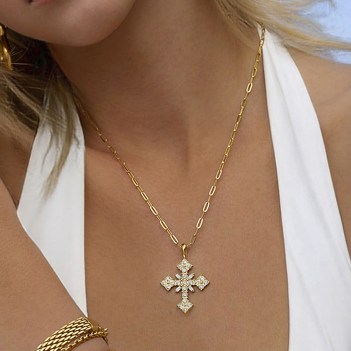 Stainless Steel White CZ Cross Pendant Necklace