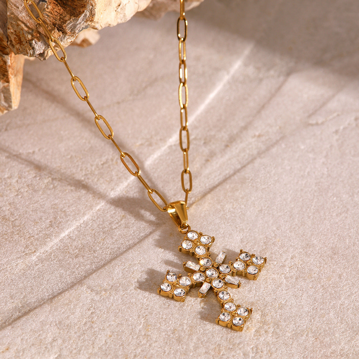 Stainless Steel White CZ Cross Pendant Necklace