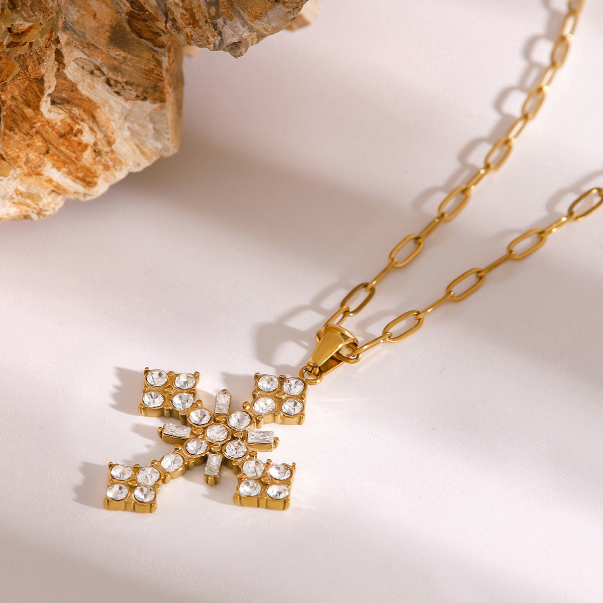 Stainless Steel White CZ Cross Pendant Necklace