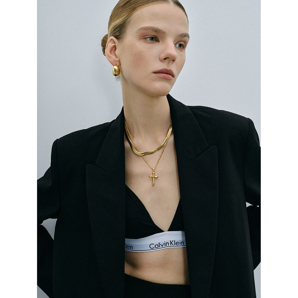 Stainless Steel Cross Pendant Figaro Chain Necklace