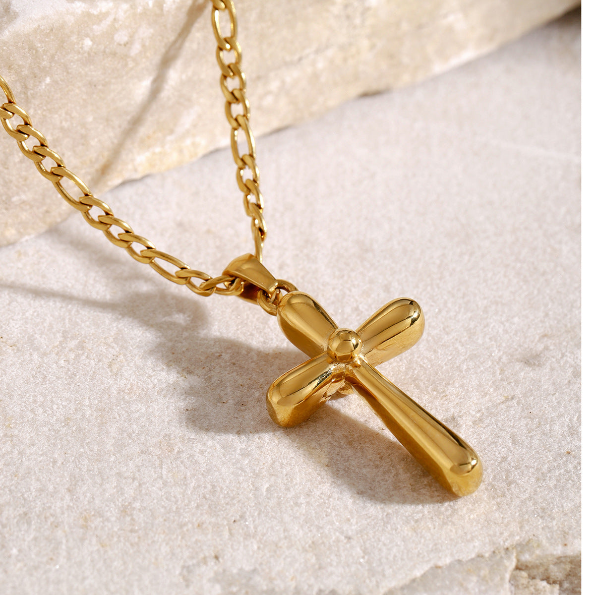 Stainless Steel Cross Pendant Figaro Chain Necklace