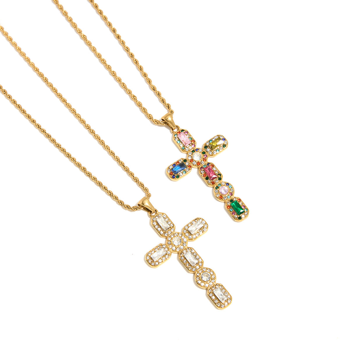 Stainless Steel Inlaid Rainbow CZ Cross Pendant Necklace