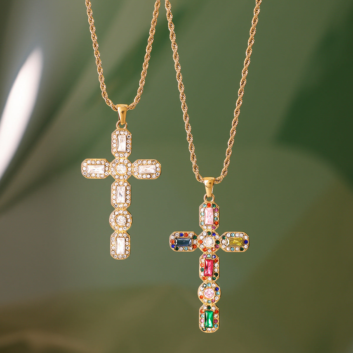 Stainless Steel Inlaid Rainbow CZ Cross Pendant Necklace