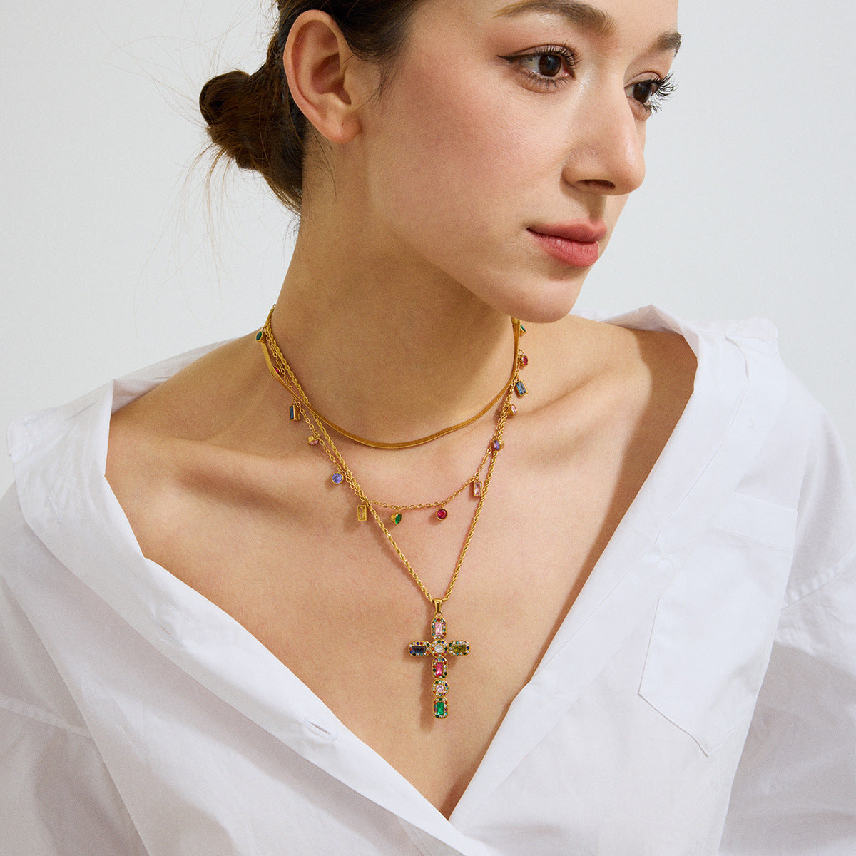 Stainless Steel Inlaid Rainbow CZ Cross Pendant Necklace