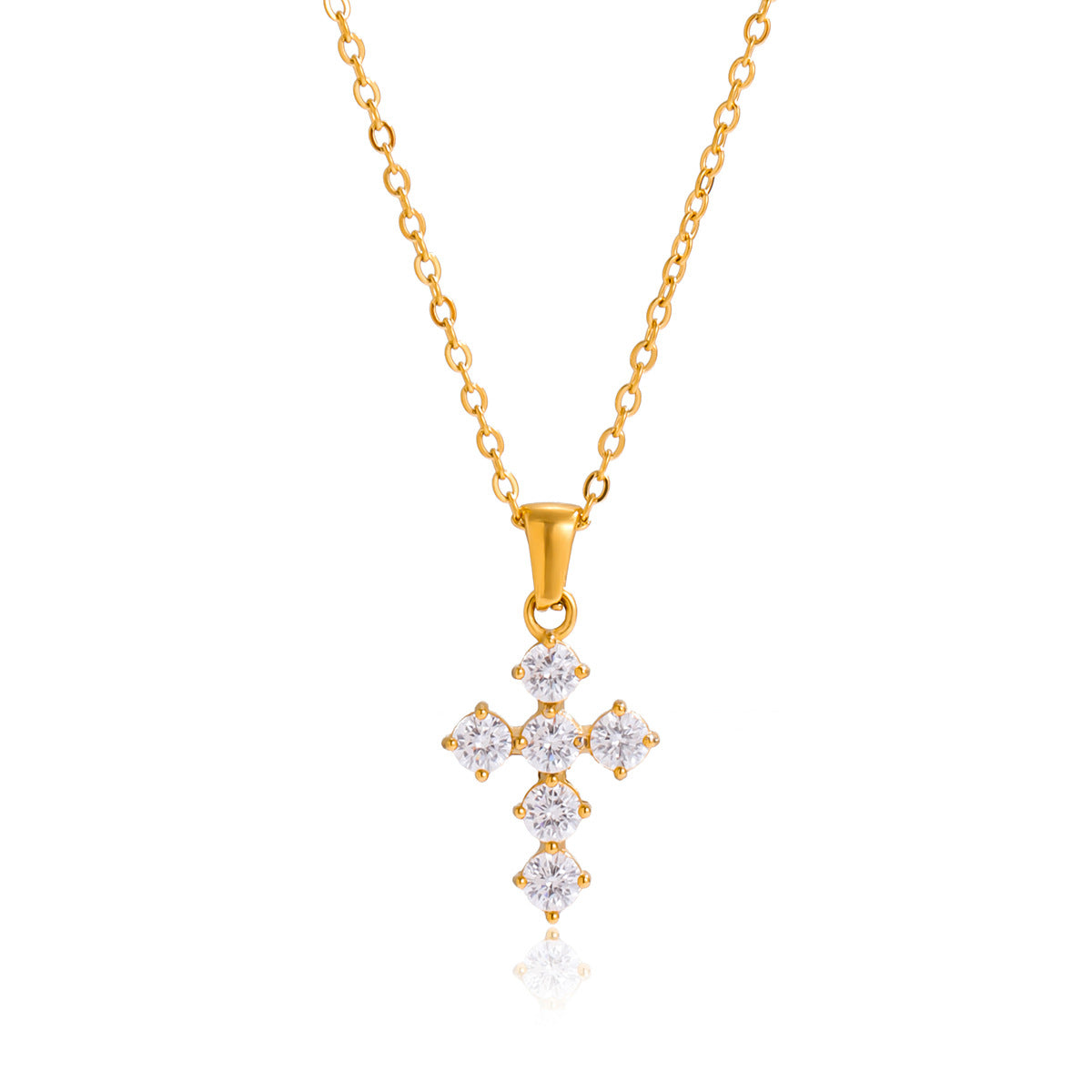 Stainless Steel White Round CZ Cross Pendant Necklace