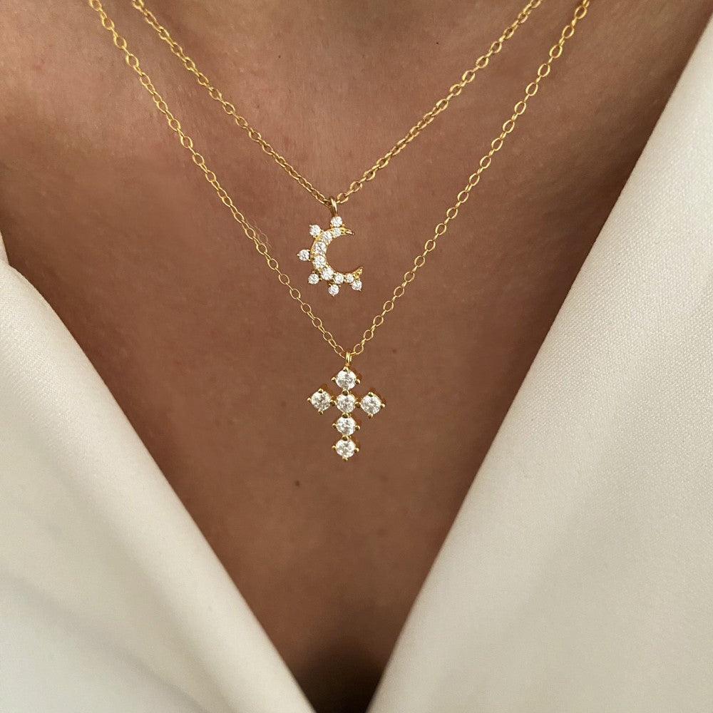 Stainless Steel White Round CZ Cross Pendant Necklace