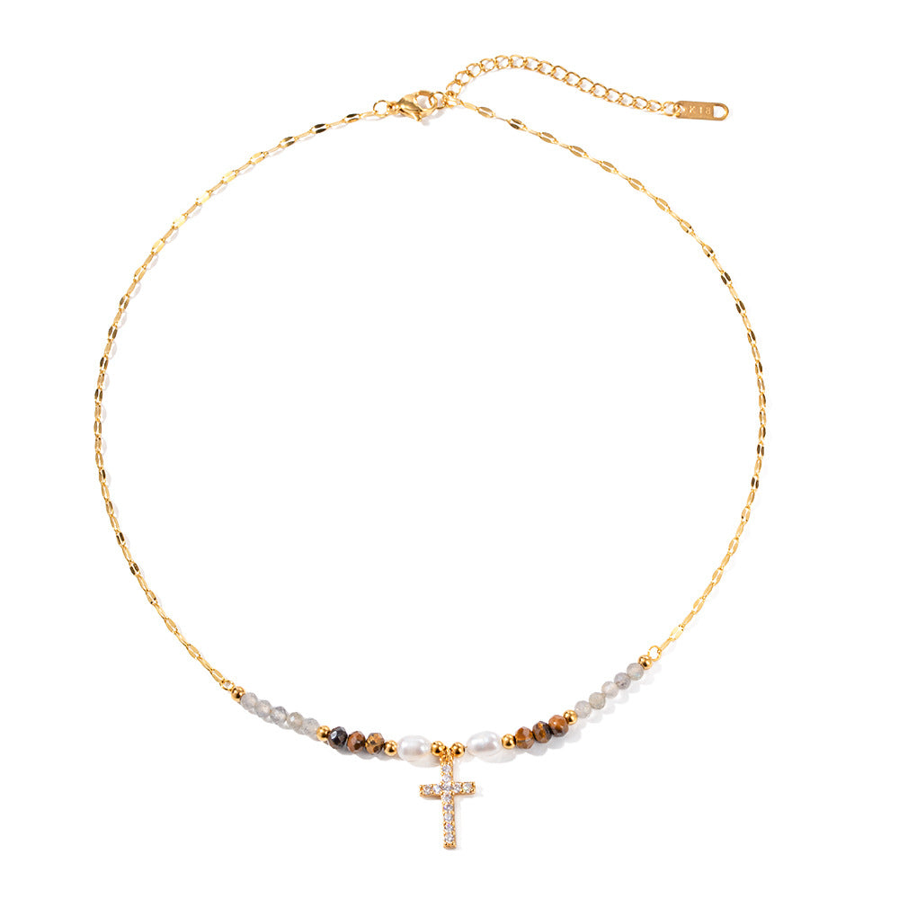 Vintage Stainless Steel Pearl Cross Pendant Necklace