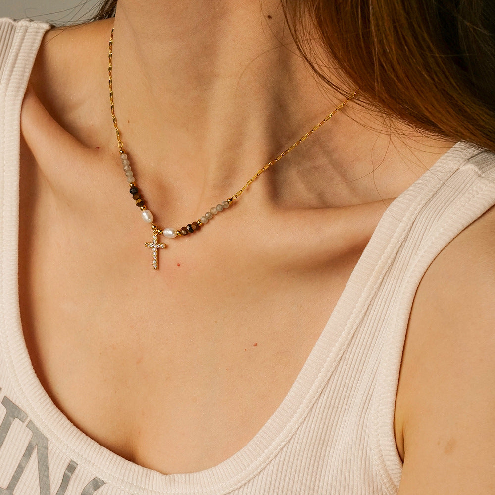 Vintage Stainless Steel Pearl Cross Pendant Necklace