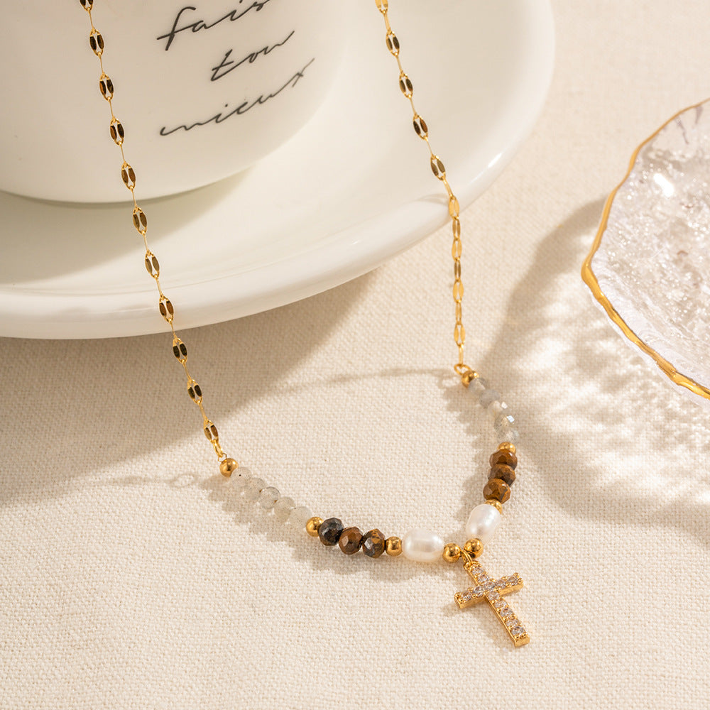 Vintage Stainless Steel Pearl Cross Pendant Necklace