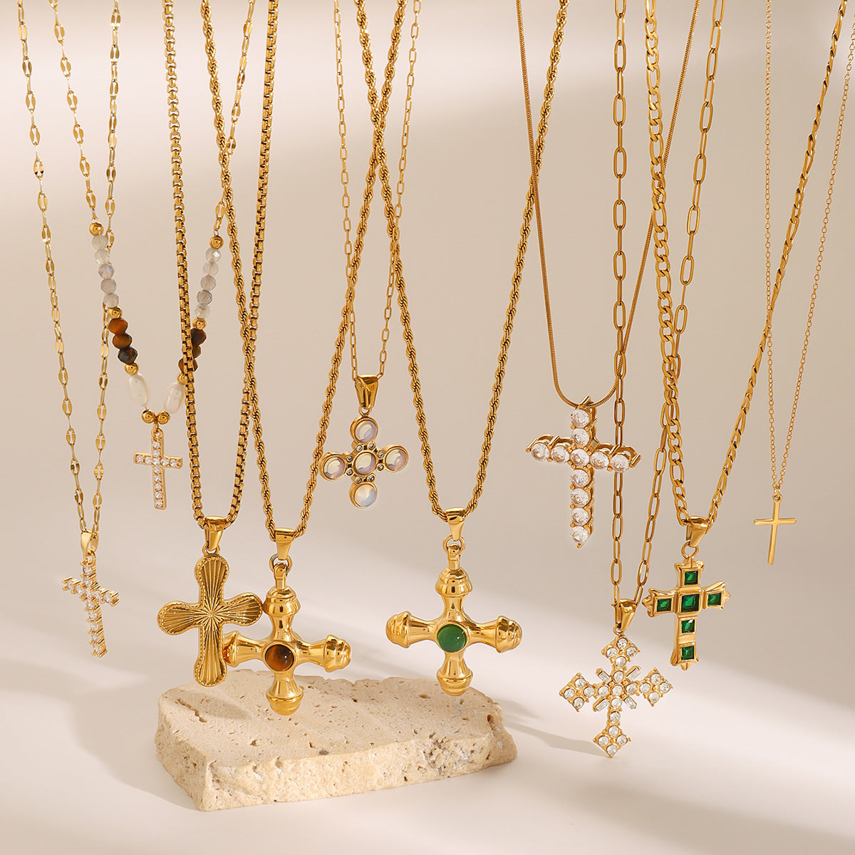 Stainless Steel Cubic Zirconia Cross Pendant Necklace Collection