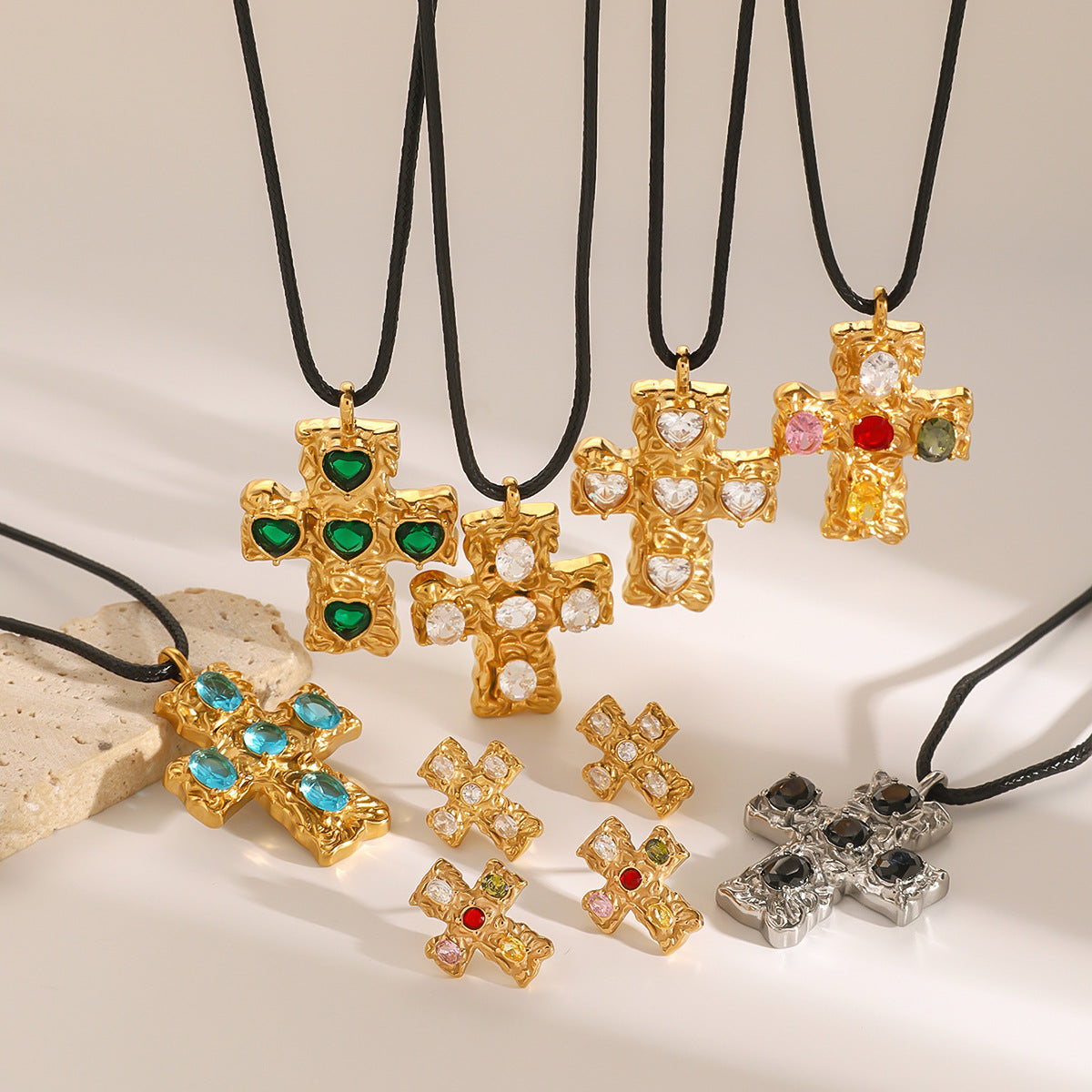 Stainless Steel Cubic Zirconia Cross Pendant Necklace Collection