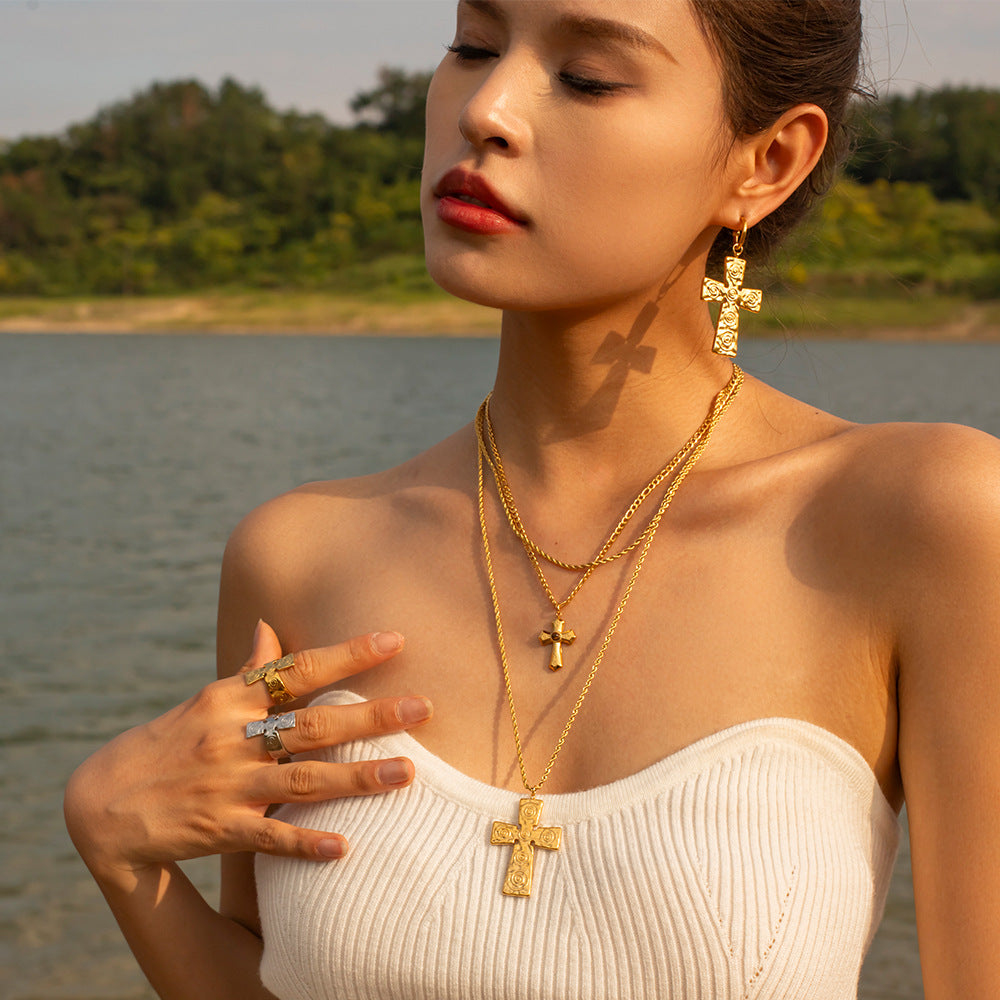 Stainless Steel Double-layer Cross Pendant Necklace