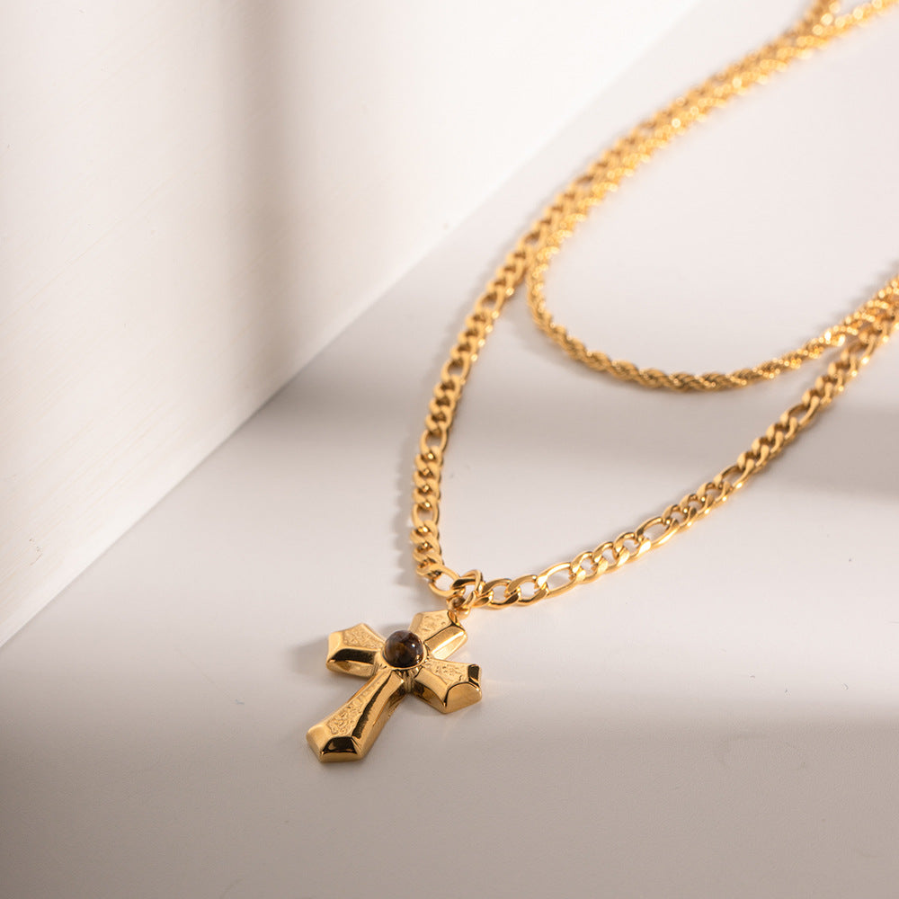 Stainless Steel Double-layer Cross Pendant Necklace