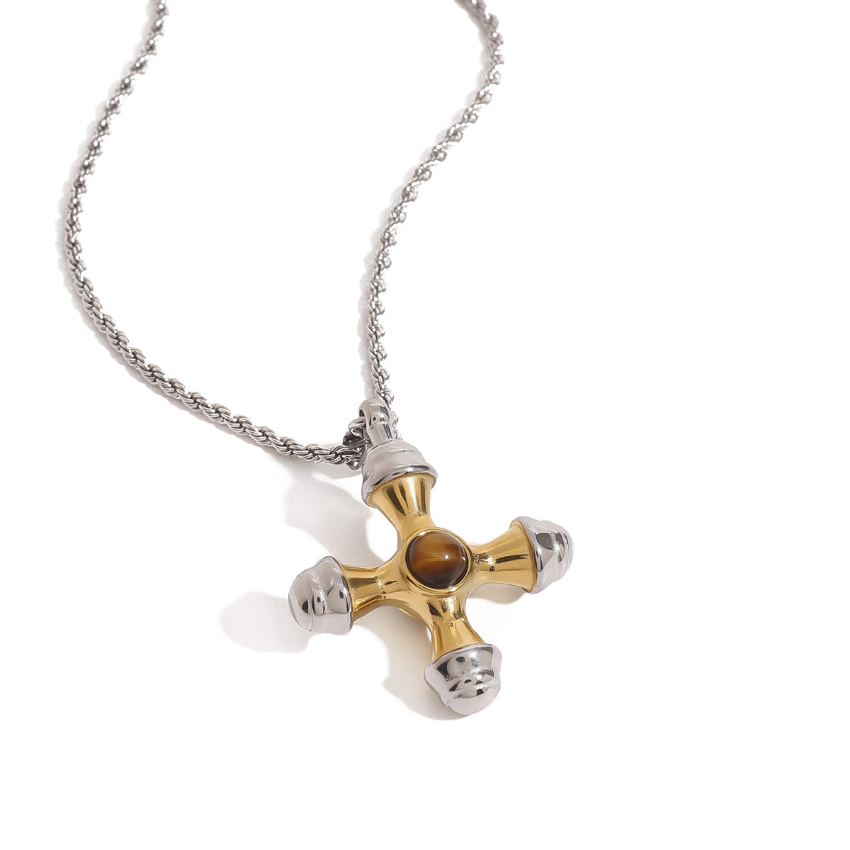 Stainless Steel Tiger's Eye Gold and Steel Two-Tone Cross Necklace