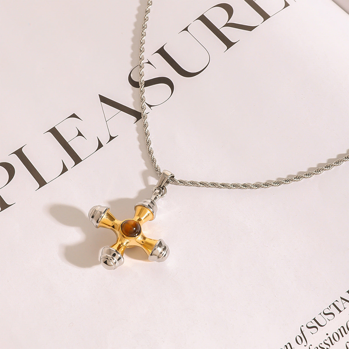 Stainless Steel Tiger's Eye Gold and Steel Two-Tone Cross Necklace