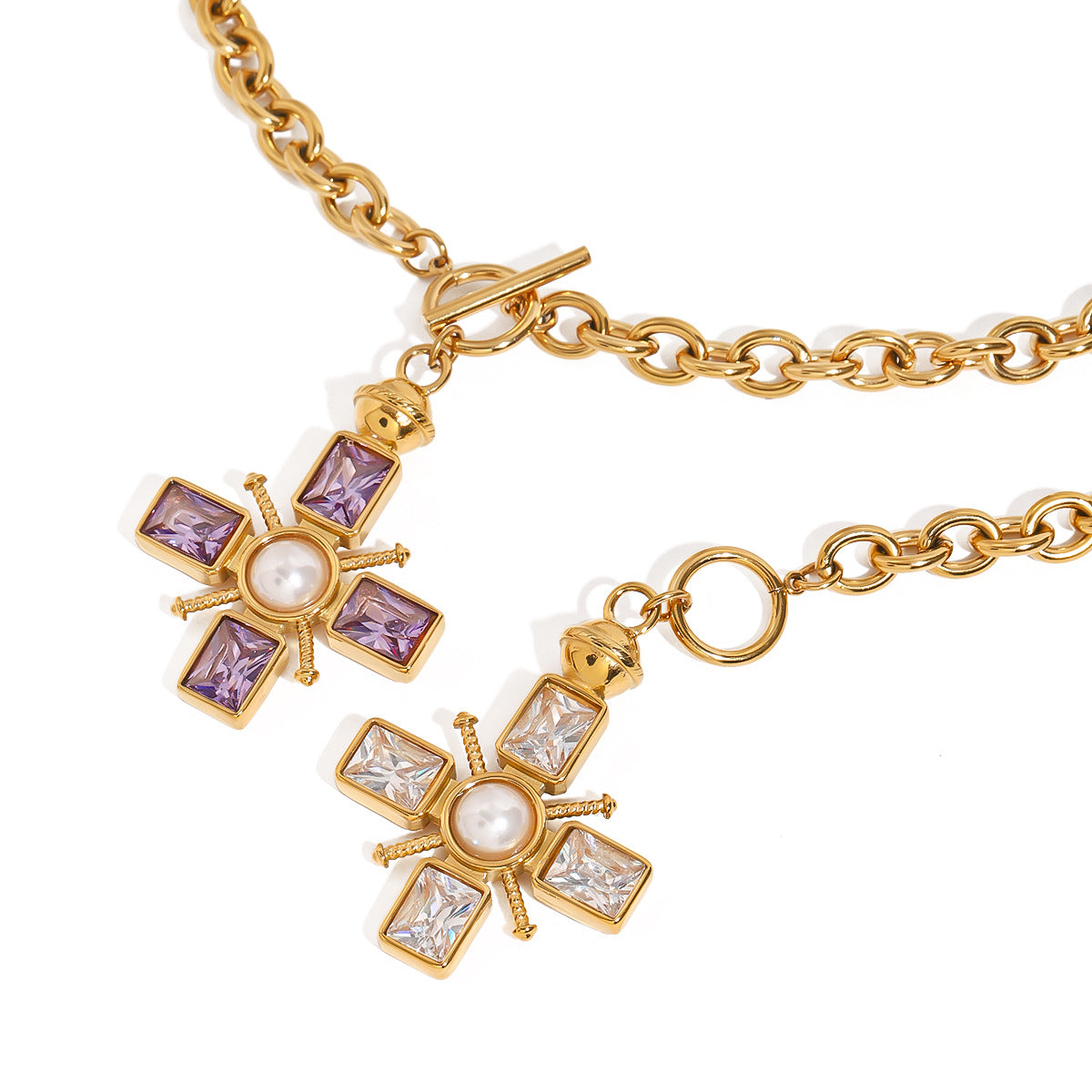 Stainless Steel Purple Cubic Zirconia Pearl Cross Pendant Necklace
