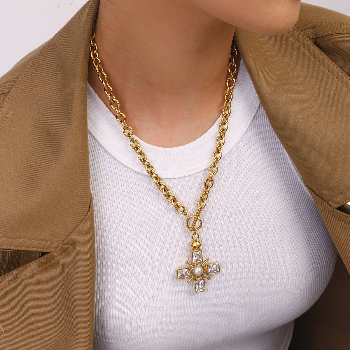 Stainless Steel Purple Cubic Zirconia Pearl Cross Pendant Necklace