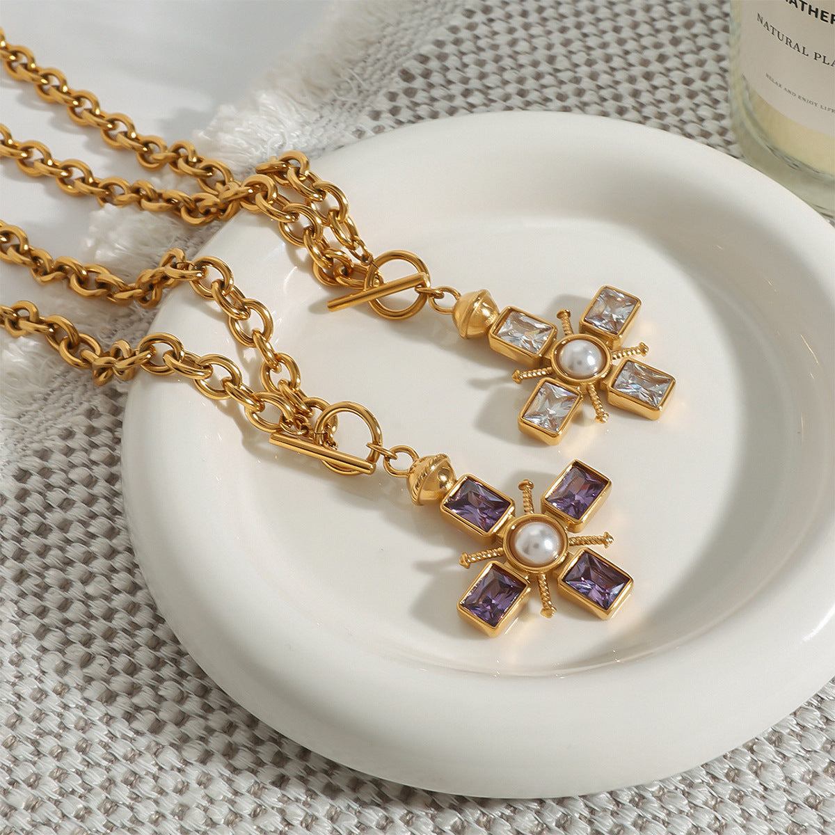 Stainless Steel Purple Cubic Zirconia Pearl Cross Pendant Necklace