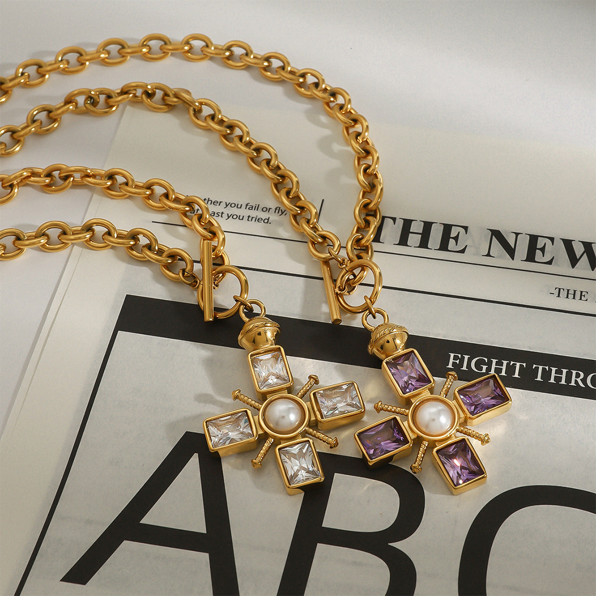 Stainless Steel Purple Cubic Zirconia Pearl Cross Pendant Necklace