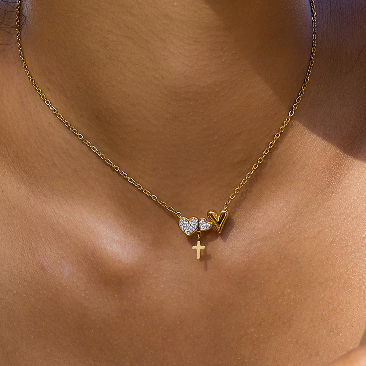 Stainless Steel Inlaid Diamond Heart Cross Polished Heart Necklace
