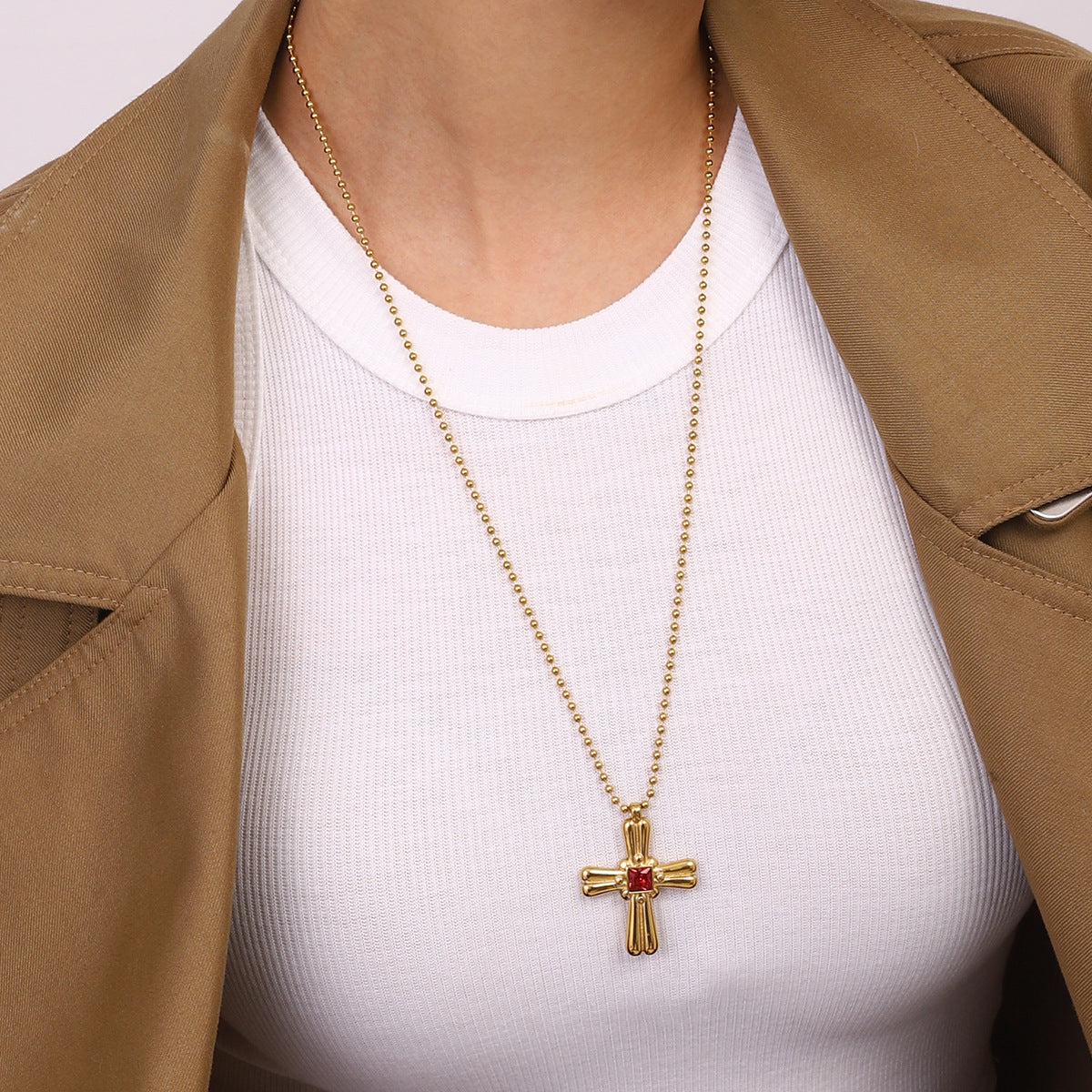 Stainless Steel Glass Zirconia Cross Pendant Necklace