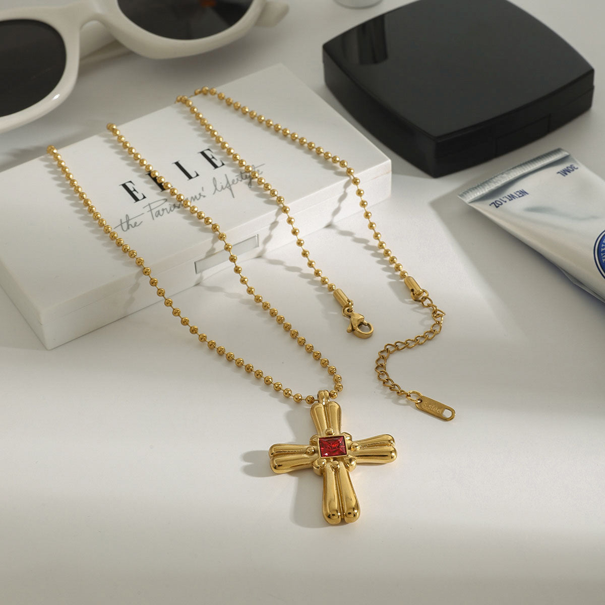 Stainless Steel Glass Zirconia Cross Pendant Necklace