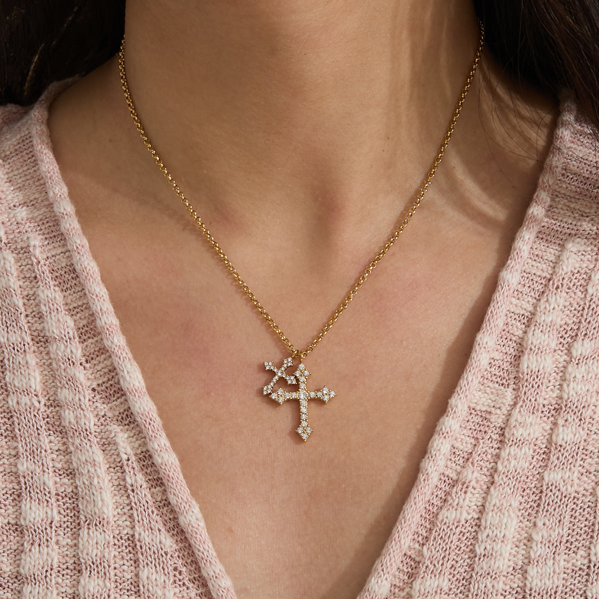 18K Gold PVD Stainless Steel Diamond-encrusted Cross Necklace