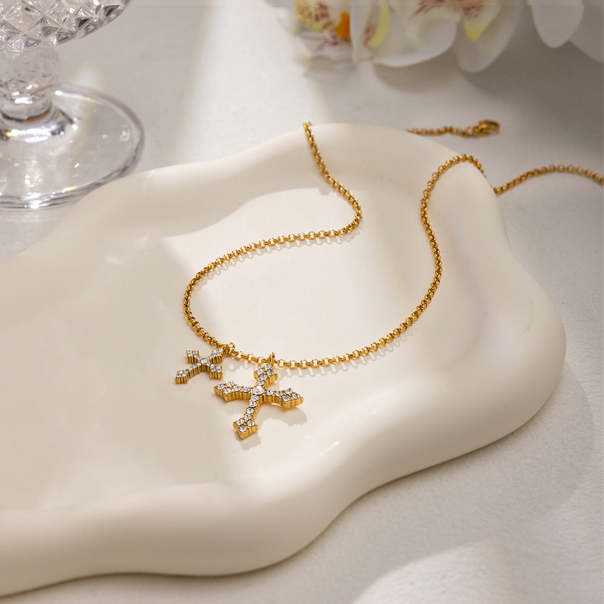18K Gold PVD Stainless Steel Diamond-encrusted Cross Necklace