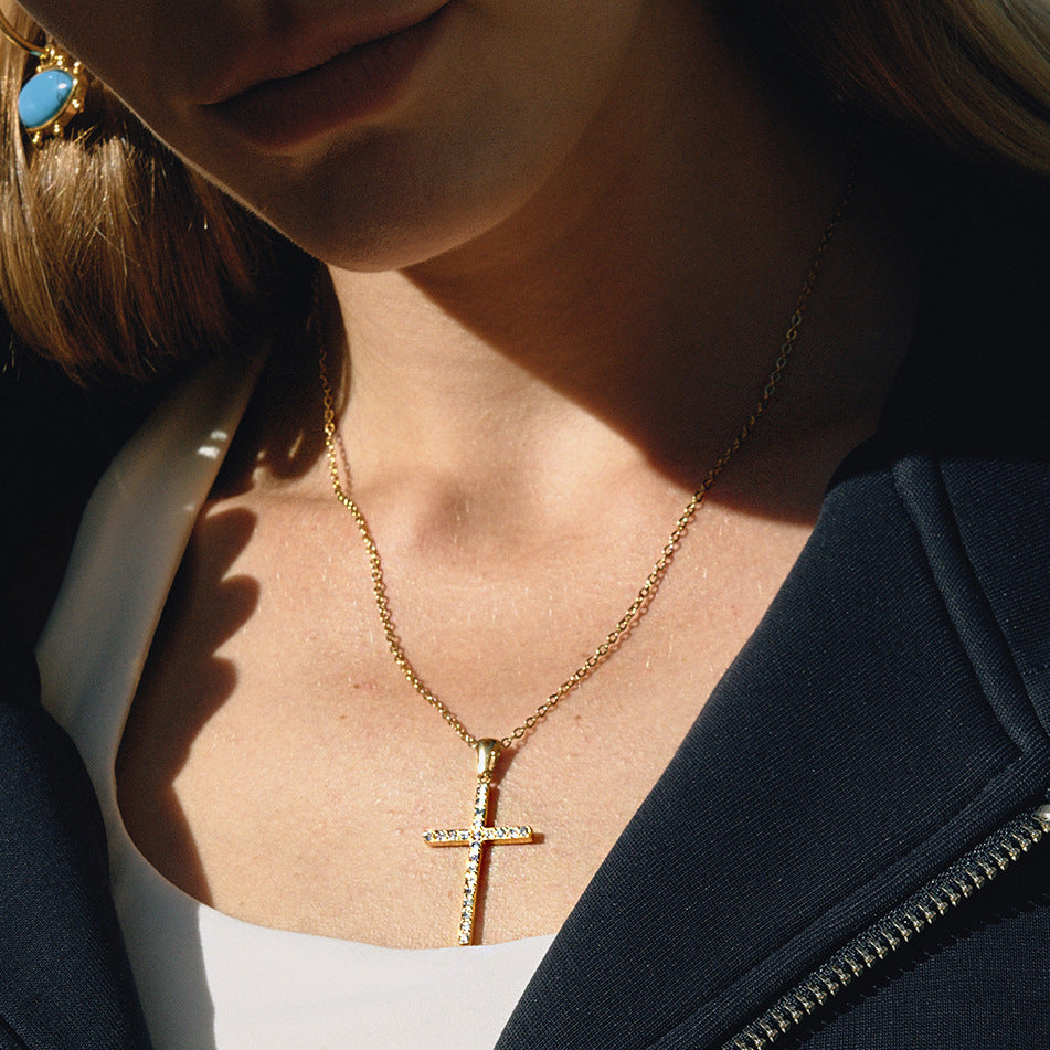 Stainless Steel White Cubic Zirconia Cross Pendant Necklace
