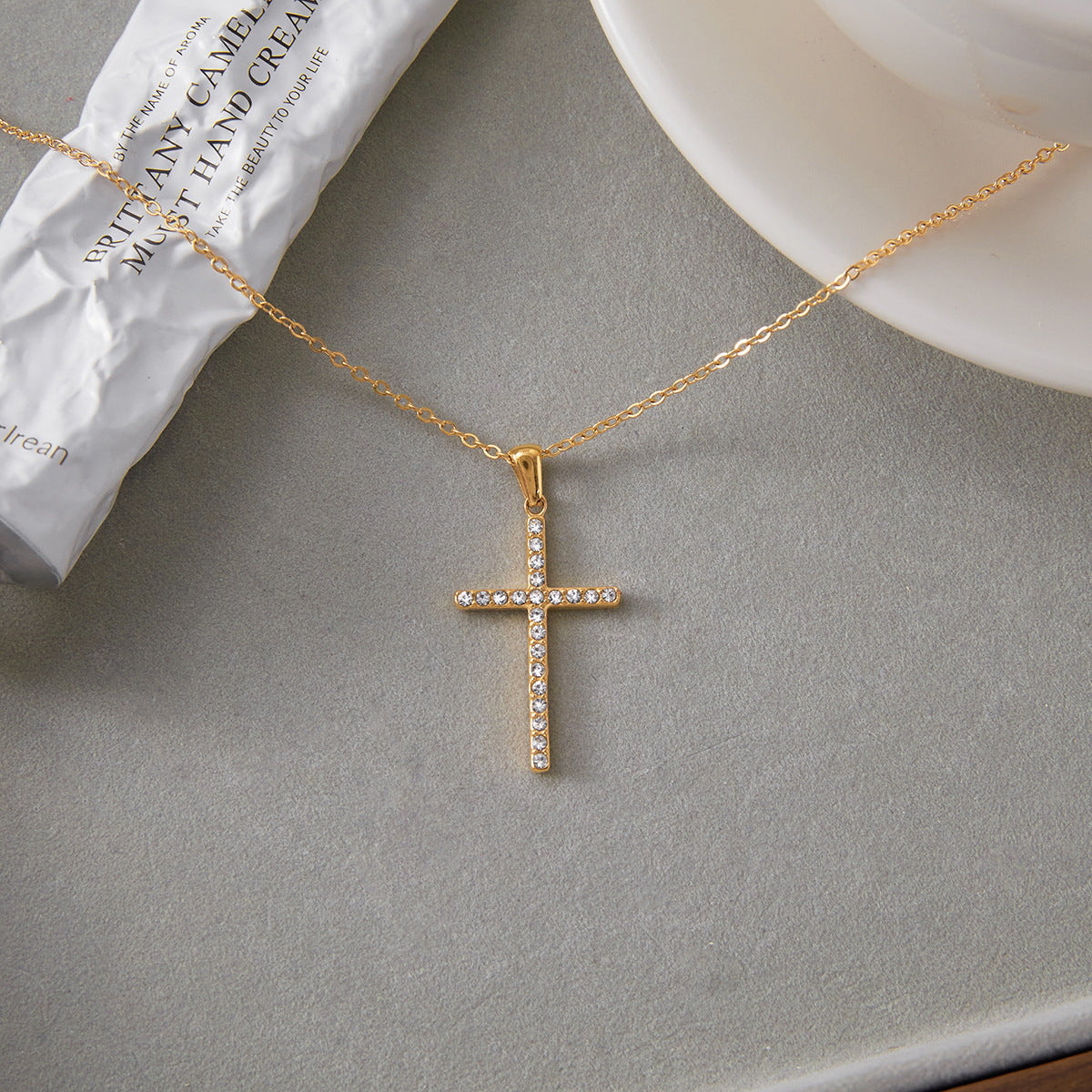 Stainless Steel White Cubic Zirconia Cross Pendant Necklace