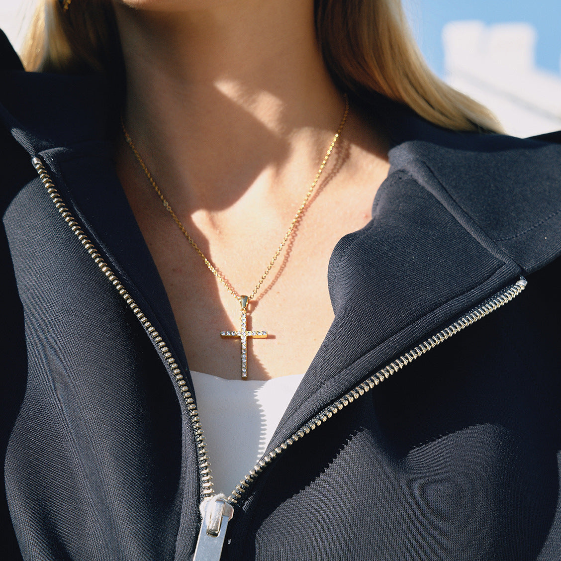 Stainless Steel White Cubic Zirconia Cross Pendant Necklace