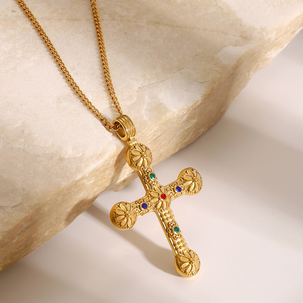 Stainless Steel Diamond-encrusted Cross Pendant Necklace