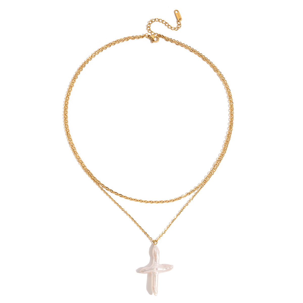Stainless Steel Freshwater Pearl Cross Double-layer Necklace