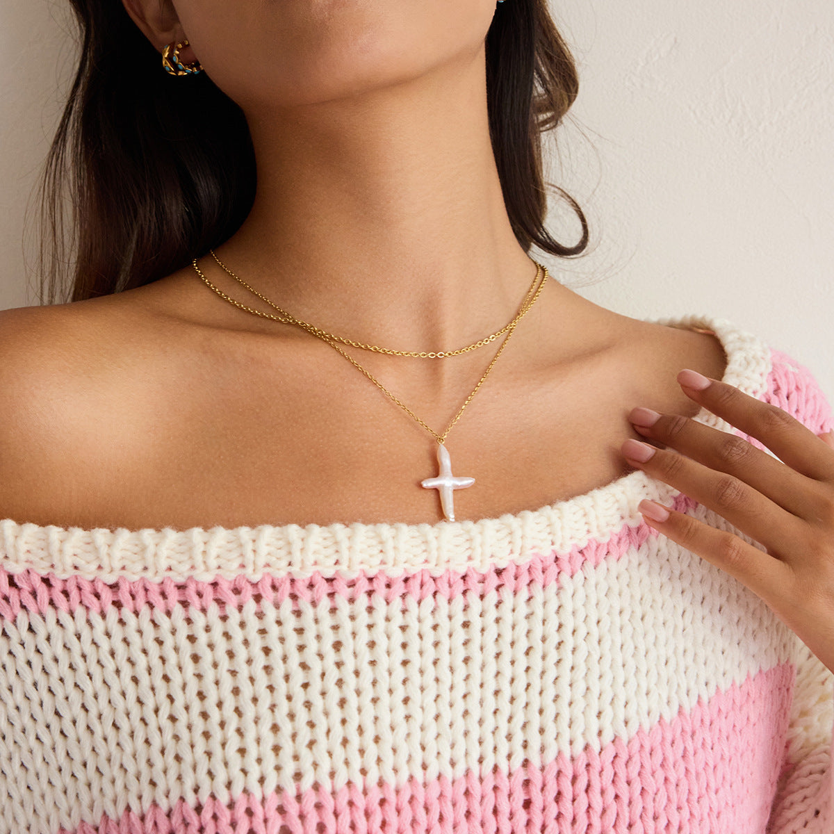 Stainless Steel Freshwater Pearl Cross Double-layer Necklace