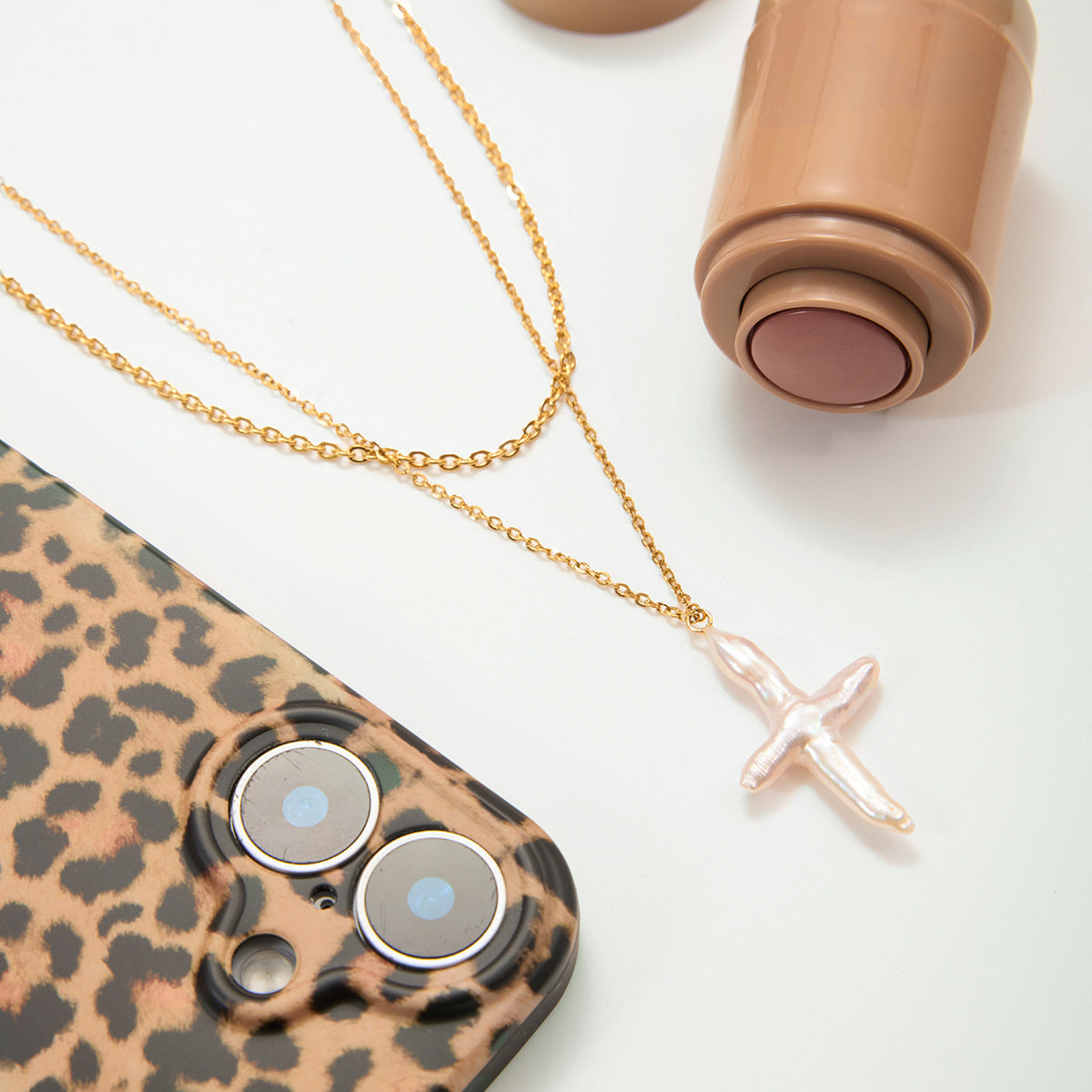 Stainless Steel Freshwater Pearl Cross Double-layer Necklace