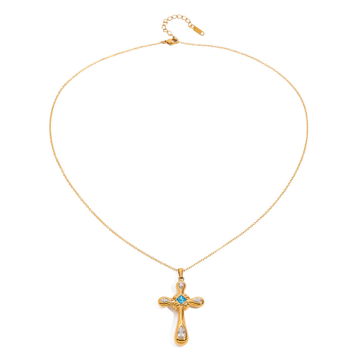 Stainless Steel Light Baby Blue Glass CZ Cross Pendant Necklace