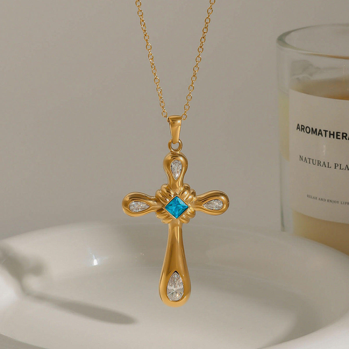Stainless Steel Light Baby Blue Glass CZ Cross Pendant Necklace