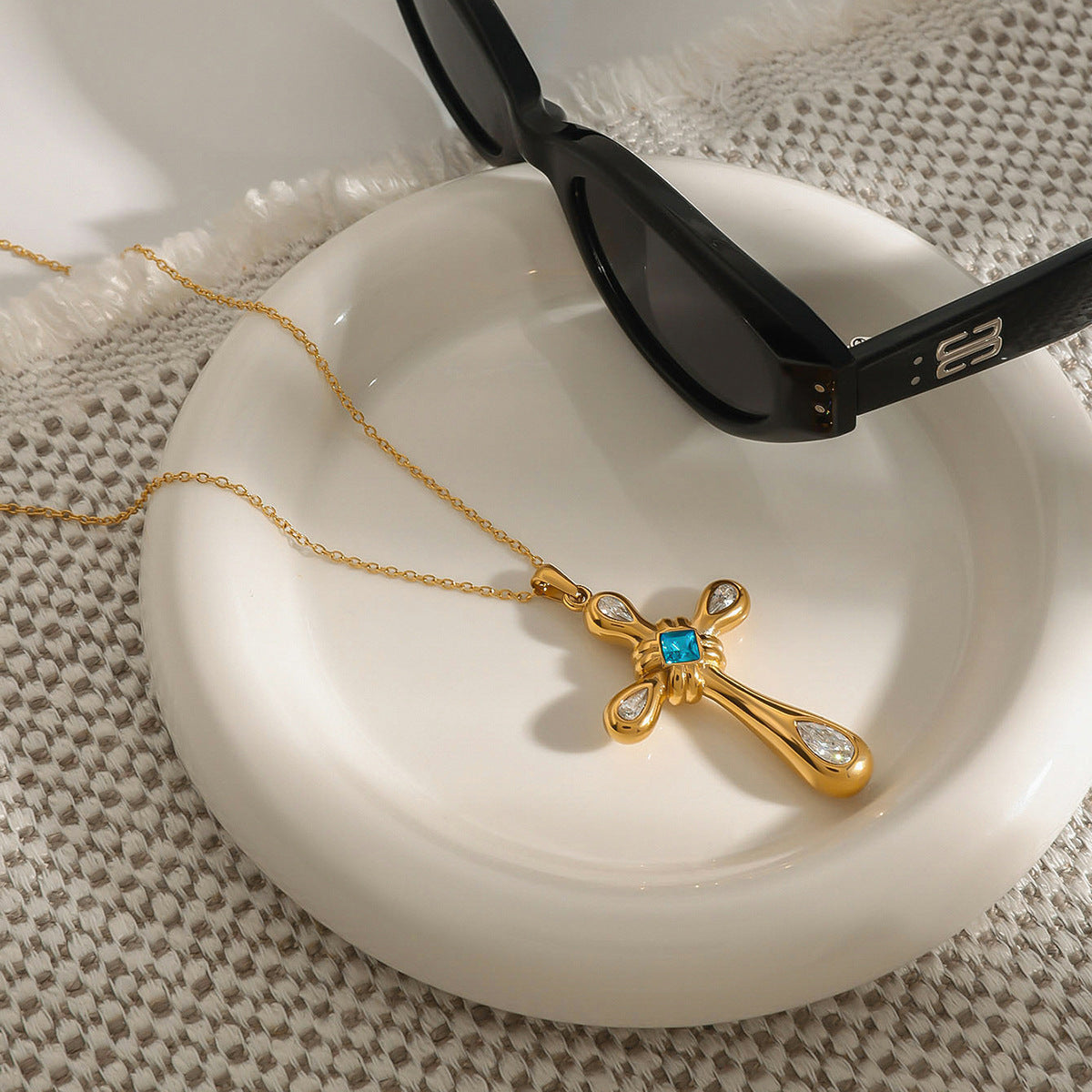Stainless Steel Light Baby Blue Glass CZ Cross Pendant Necklace
