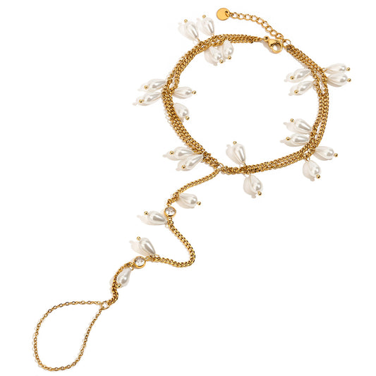 Stainless Steel Glass Pearl CZ Double-layer Toe Chain Ankle