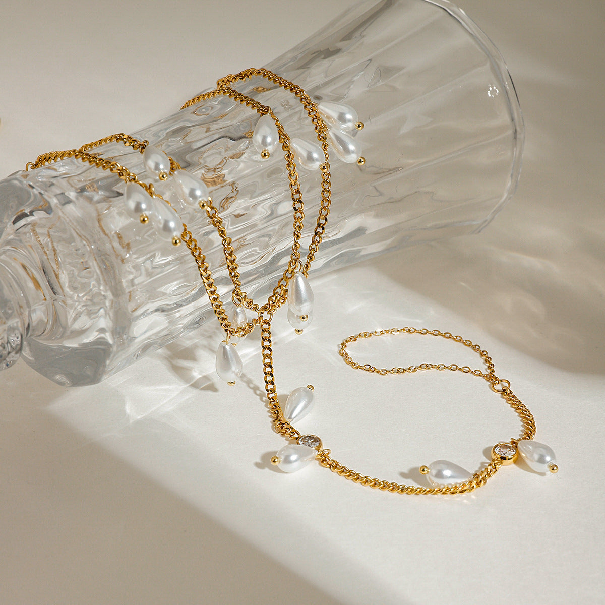 Stainless Steel Glass Pearl CZ Double-layer Toe Chain Ankle
