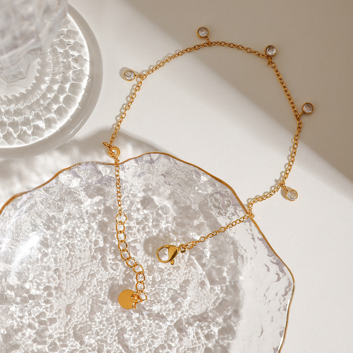 18K Gold PVD Stainless Steel White Cubic Zirconia Anklet