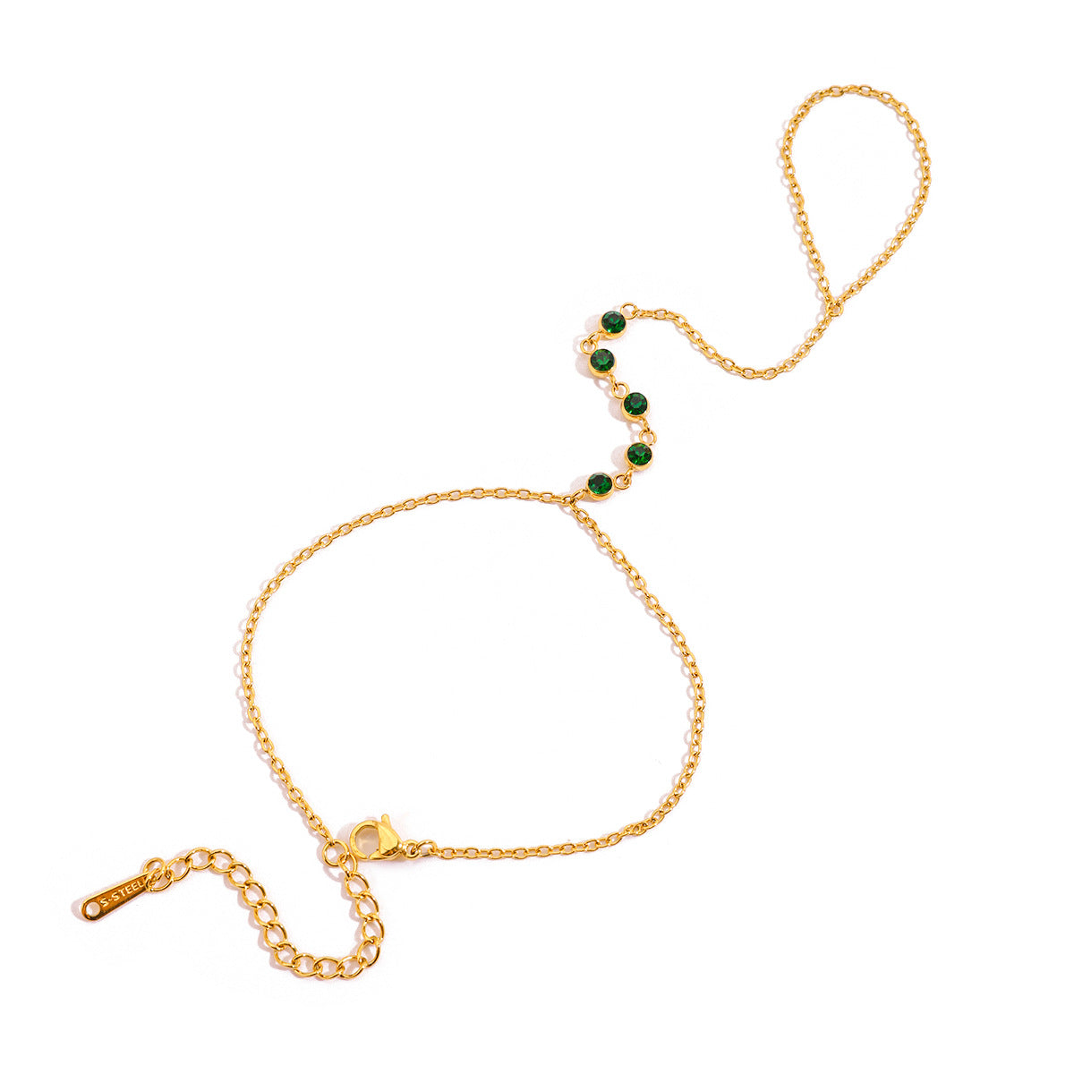 Stainless Steel Green Cubic Zirconia Finger Hand Chain Bracelet