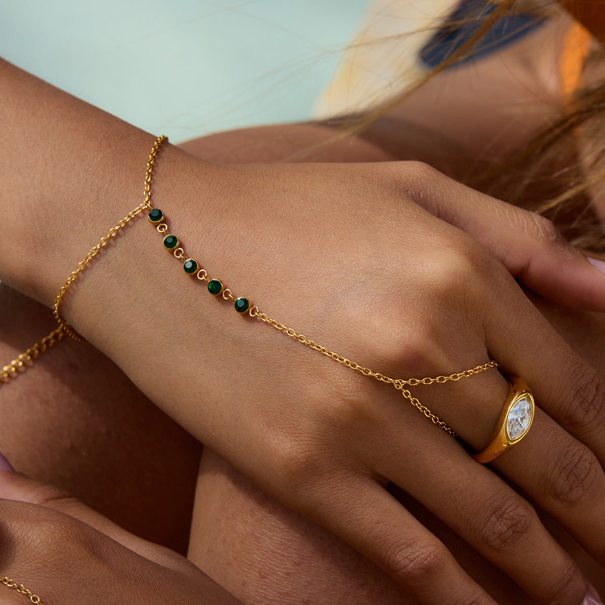 Stainless Steel Green Cubic Zirconia Finger Hand Chain Bracelet