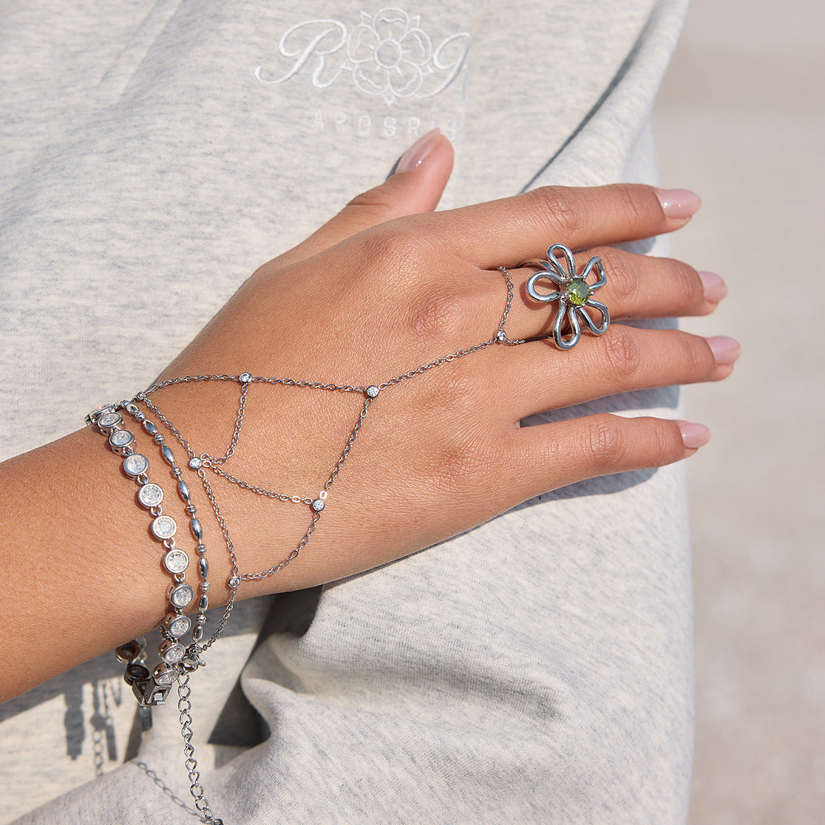 Stainless Steel Cubic Zirconia Tassel Finger Hand Chain Bracelet