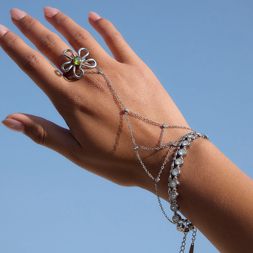 Stainless Steel Cubic Zirconia Tassel Finger Hand Chain Bracelet