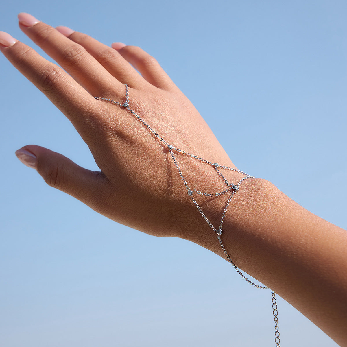 Stainless Steel Cubic Zirconia Tassel Finger Hand Chain Bracelet